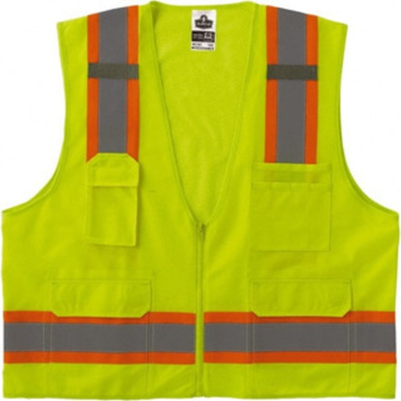 Ergodyne Size 2X/3XL Lime Mesh/Solid Surveyors High Visibility Vest 52 to 58 Chest, Polyester, Zipper Closure, 6 Pockets, ANSI/ISEA 107 24077 – 42763318