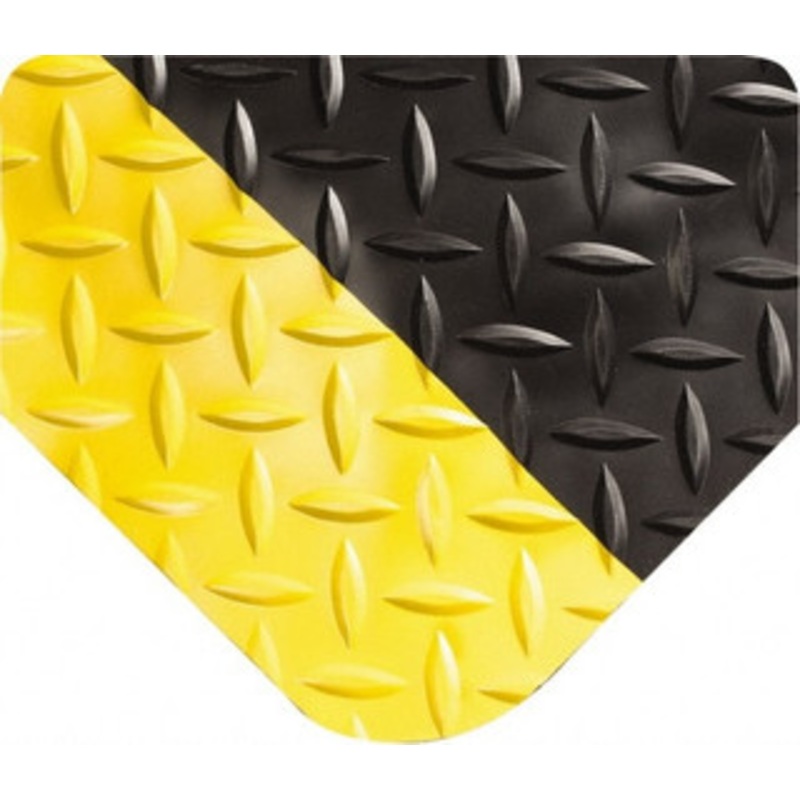 Wearwell 8 ft. Long x 3 ft. Wide x 1 Thick Dry Environment Medium Duty Anti-Fatigue Matting Diamond-Plate Pattern, Black with Yellow Borders, Vinyl Surface with Urethane Sponge Base, Beveled on 4 Sides 497.1X3X8BYL – 32615569