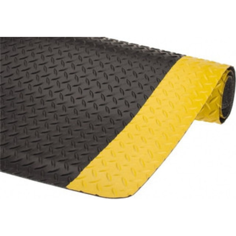 Wearwell 5 ft. Long x 3 ft. Wide x 9/16 Thick Dry Environment Heavy Duty Anti-Fatigue Matting Diamond-Plate Pattern, Black with Yellow Borders, Vinyl Surface with Nitrile Blend Base, Beveled on 4 Sides 415.916X3X5BYL – 89864144