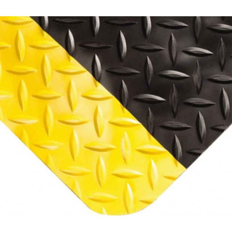 Wearwell 9 ft. Long x 3 ft. Wide x 9/16 Thick Dry Environment Heavy Duty Anti-Fatigue Matting Diamond-Plate Pattern, Black with Yellow Borders, Vinyl Surface with Nitrile Blend Base, Beveled on 4 Sides 415.916X3X9BYL – 80777915