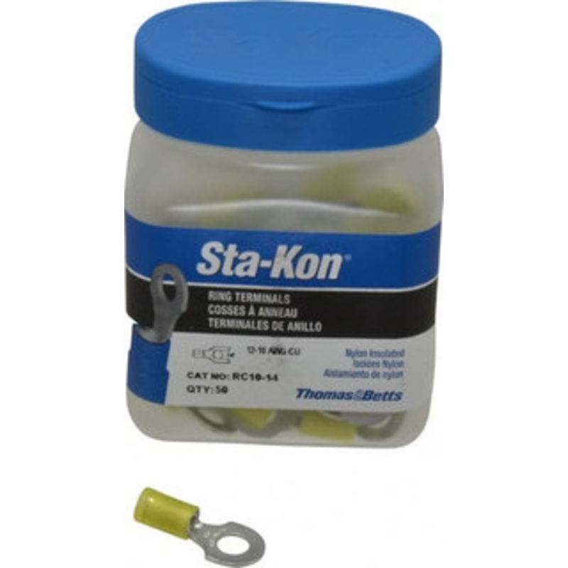 Thomas & Betts 12-10 AWG Partially Insulated Crimp Connection D Shaped Ring Terminal 1/4 Stud, 1.12 OAL x 0.53 Wide, Tin Plated Copper Contact RC10-14 – 54063458