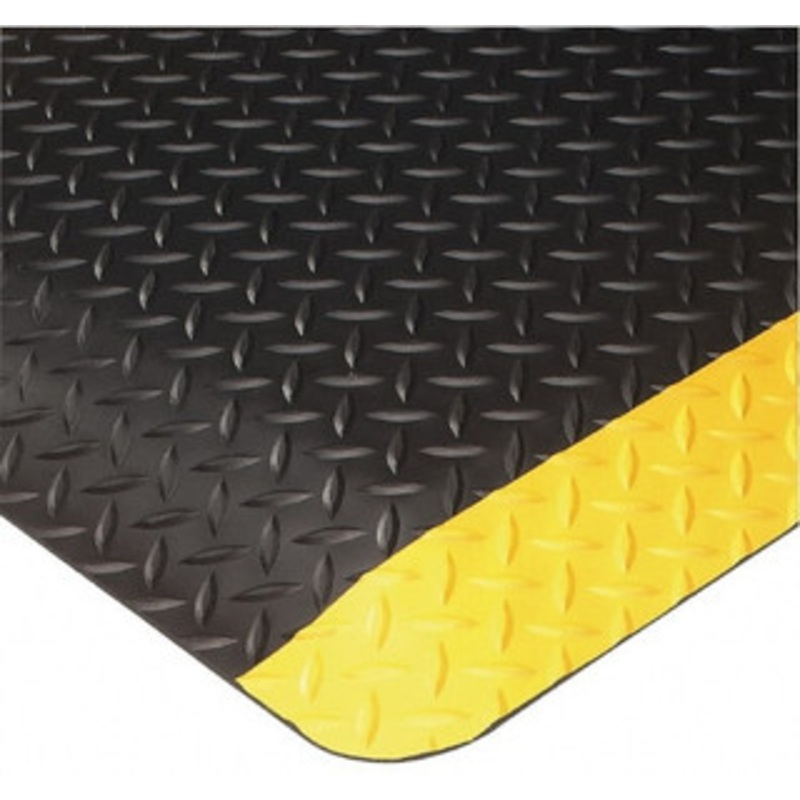 Wearwell 20 ft. Long x 3 ft. Wide x 9/16 Thick Dry Environment Heavy Duty Anti-Fatigue Matting Diamond-Plate Pattern, Black with Yellow Borders, Vinyl Surface with Nitrile Blend Base, Beveled on 4 Sides 415.916X3X20BYL – 62462916