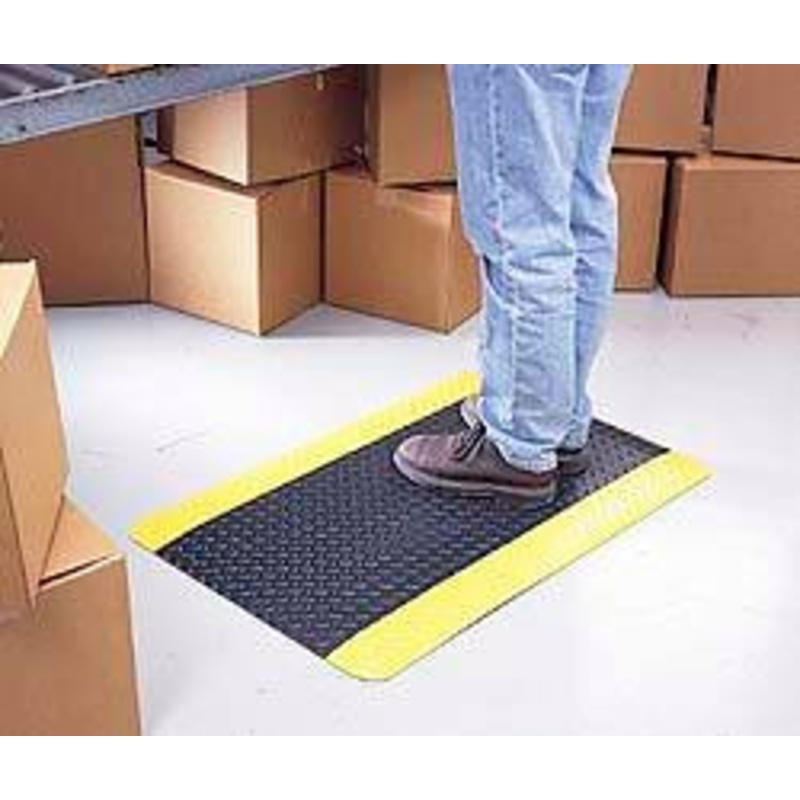 Wearwell 5 ft. Long x 3 ft. Wide x 15/16 Thick Dry Environment Medium Duty Anti-Fatigue Matting Diamond-Plate Pattern, Black with Yellow Borders, Vinyl Surface with Vinyl Sponge Base, Beveled on 4 Sides 495.1516X3X5BYL – 70399373