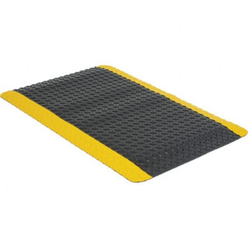 Wearwell 3 ft. Long x 2 ft. Wide x 1 Thick Dry Environment Medium Duty Anti-Fatigue Matting Diamond-Plate Pattern, Black with Yellow Borders, Vinyl Surface with Urethane Sponge Base, Beveled on 4 Sides 497.1X2X3BYL – 30248801