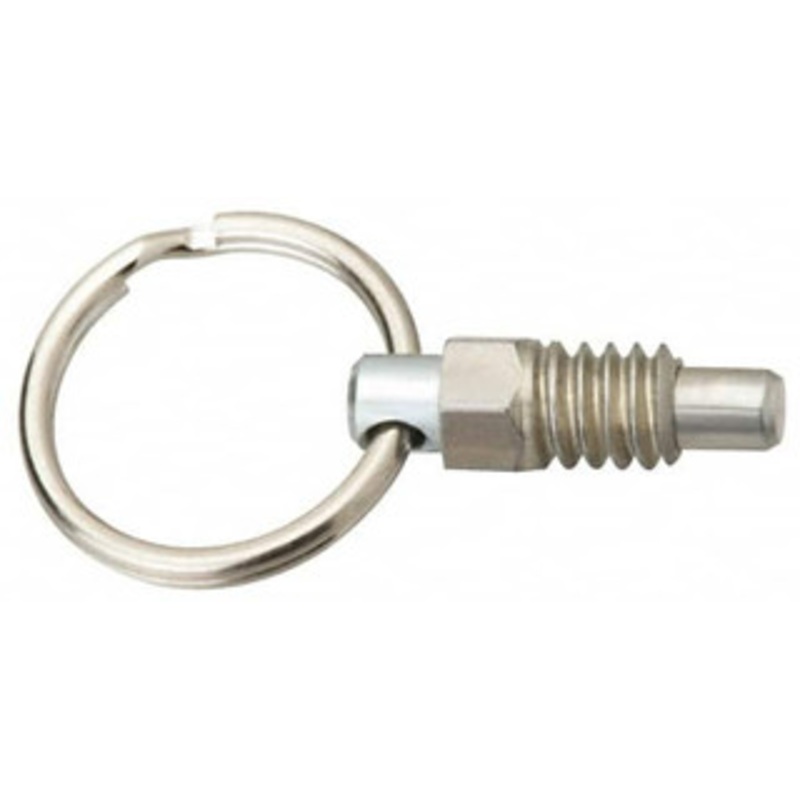 Vlier M16x2.0, 0.56 Thread Length, 0.38 Plunger Diam, 0.44 Plunger Projection, 1.25 Lb Init to 5 Lb Final End Force, Stainless Steel Pull Ring Plunger 0.69 Len Under Head, 1 Body Len, 1 Ring Diam, 1.31 Plunger Len SPRSNM16P – 87882171