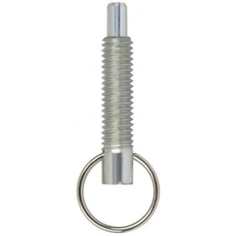Vlier M6x1.0, 0.8 Thread Length, 4mm Plunger Diam, 6.4mm Plunger Projection, 4.4 N Init to 11 N Final End Force, Steel Locking Pull Ring Plunger 20.3mm Len Under Head, 29mm Body Len, 16mm Ring Diam, 1.1 Plunger Len PRM6 – 87881934