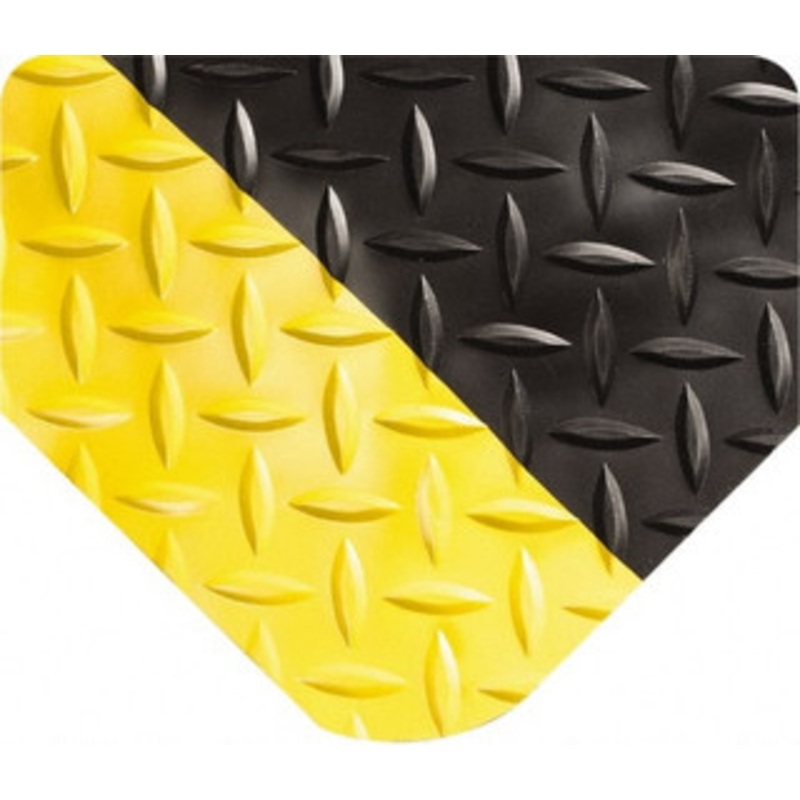 Wearwell 4 ft. Long x 3 ft. Wide x 15/16 Thick Dry Environment Medium Duty Anti-Fatigue Matting Diamond-Plate Pattern, Black with Yellow Borders, Vinyl Surface with Vinyl Sponge Base, Beveled on 4 Sides 495.1516X3X4BYL – 58359274