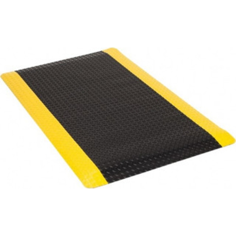 Wearwell 5 ft. Long x 3 ft. Wide x 1 Thick Dry Environment Medium Duty Anti-Fatigue Matting Diamond-Plate Pattern, Black with Yellow Borders, Vinyl Surface with Urethane Sponge Base, Beveled on 4 Sides 497.1X3X5BYL – 73358491