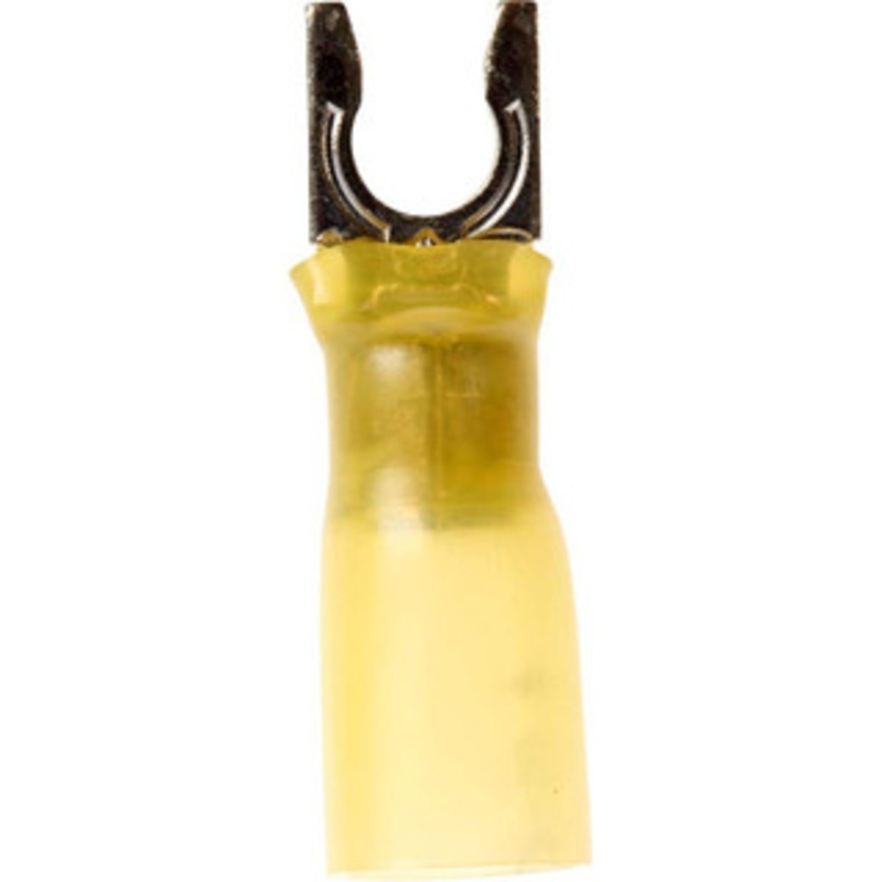 3M #10 Stud, 12 to 10 AWG Compatible, Partially Insulated, Crimp Connection, Locking Fork Terminal 0.32 Fork Width, Heat Shrink Insulation, Yellow, 1. OAL, 0.04 Thick 7000133379 – 73126013