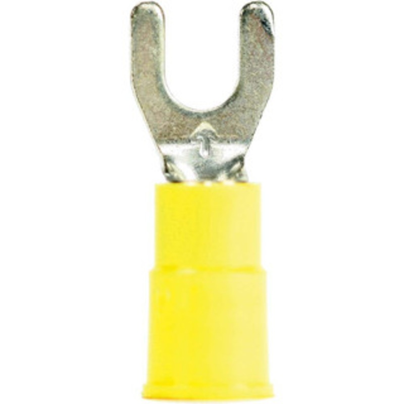 3M #10 Stud, 12 to 10 AWG Compatible, Partially Insulated, Crimp Connection, Standard Fork Terminal 0.32 Fork Width, Vinyl Insulation, Yellow, 1.03 OAL, 0.04 Thick, Copper Contacts 7010297781 – 77675700