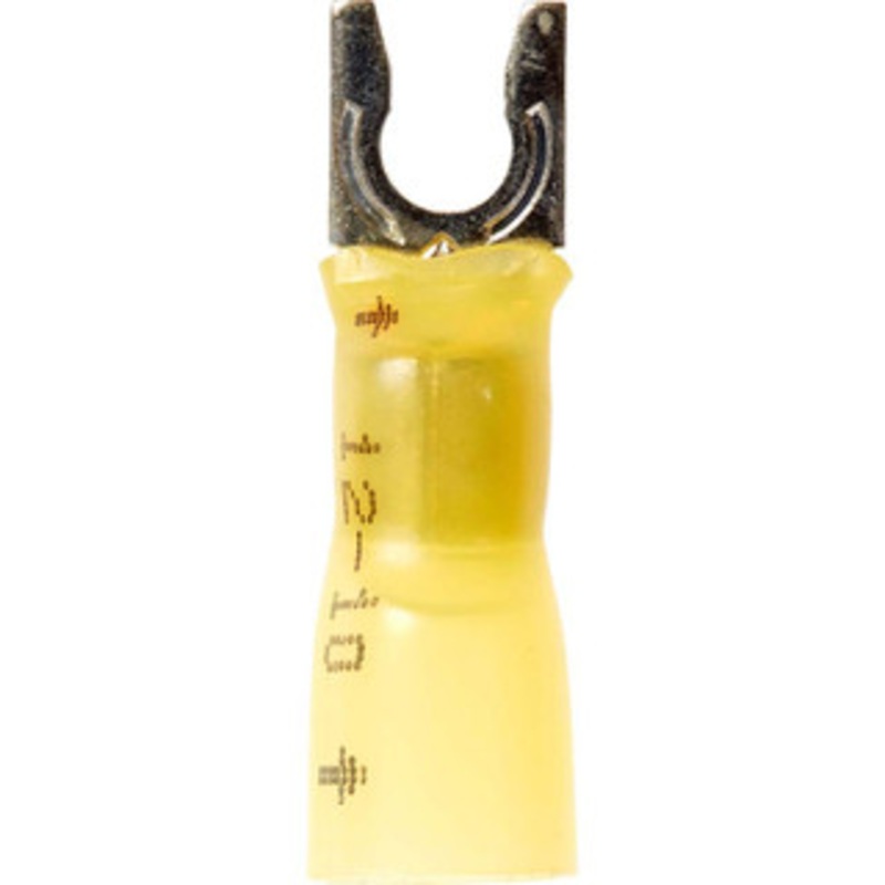 3M #8 Stud, 12 to 10 AWG Compatible, Partially Insulated, Crimp Connection, Locking Fork Terminal 0.32 Fork Width, Heat Shrink Insulation, Yellow, 1. OAL, 0.04 Thick 7100017420 – 73126005