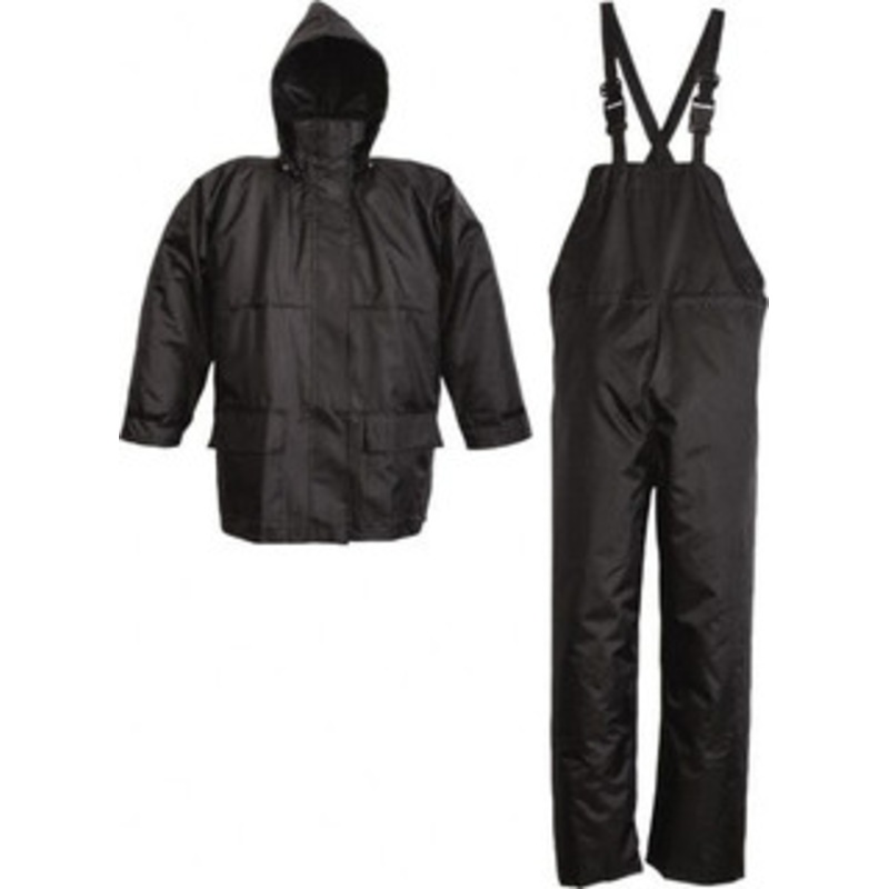 Viking Outerwear Size XL Black Rain Three Piece Suit 150D Ripstop Polyester with PVC Coating, Detachable Hood, Hook & Loop Closure, Double Stitched & Taped Seams, Hook & Loop Wrists & Ankles, Bib Overalls, Hook & Loop Fly 2900BK-XL – 42388603