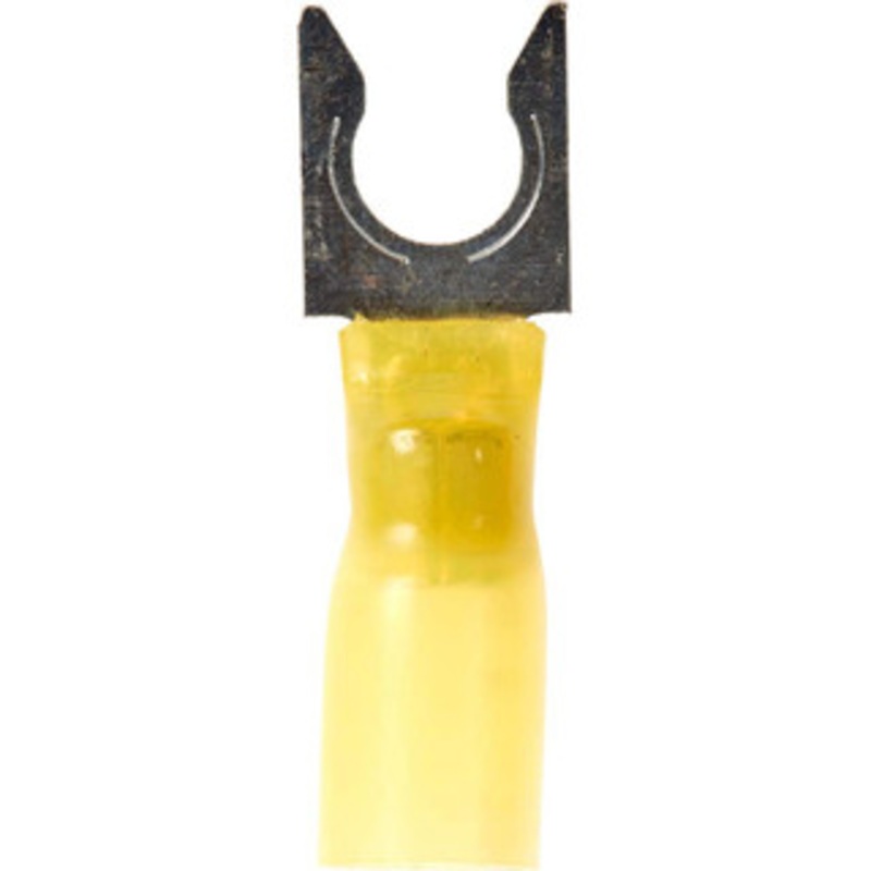 3M 1/4 Stud, 12 to 10 AWG Compatible, Partially Insulated, Crimp Connection, Locking Fork Terminal 0.43 Fork Width, Heat Shrink Insulation, Yellow, 1.2 OAL, 0.04 Thick 7010320783 – 73126021