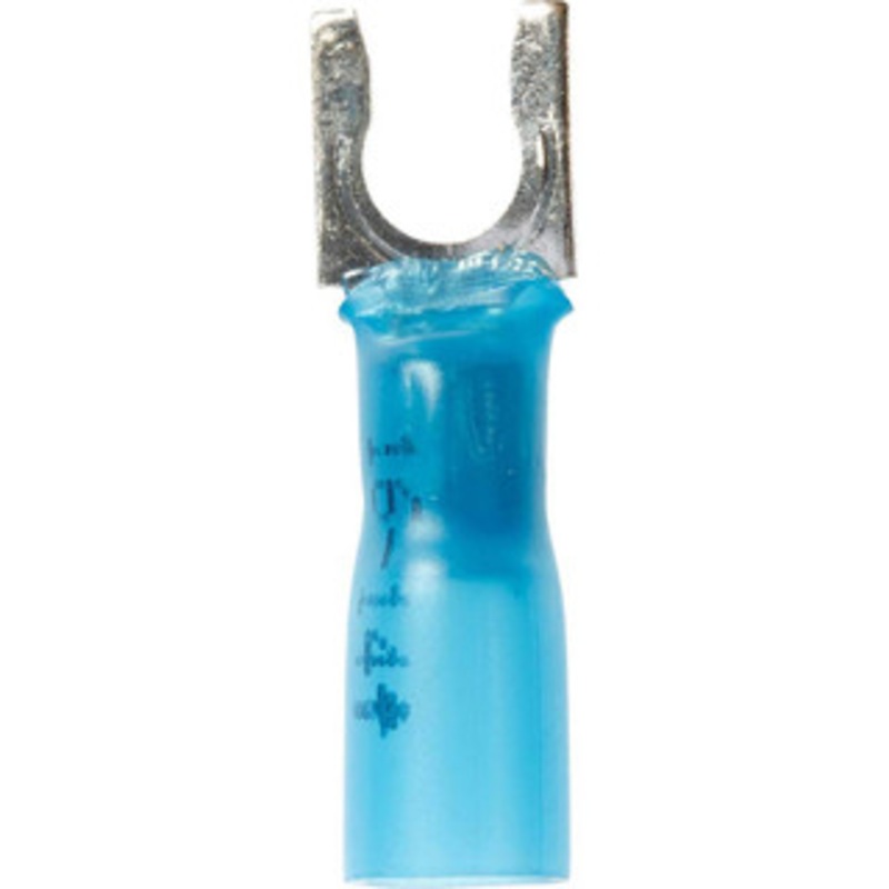 3M #10 Stud, 16 to 14 AWG Compatible, Partially Insulated, Crimp Connection, Locking Fork Terminal 0.32 Fork Width, Heat Shrink Insulation, Blue, 1. OAL, 0.03 Thick 7000133387 – 73125981