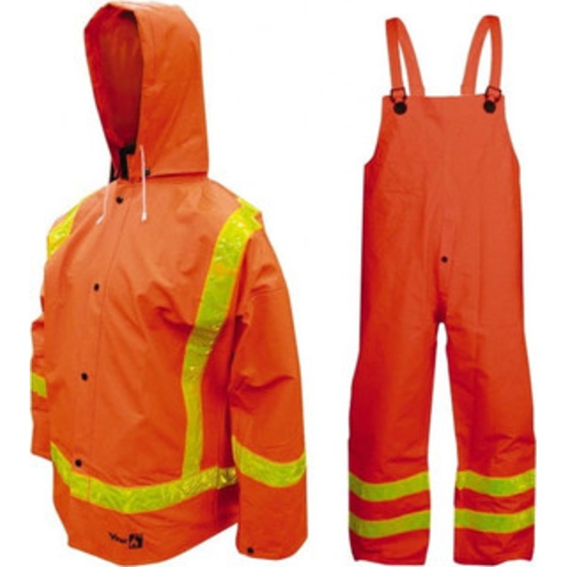 Viking Outerwear Size XL Hi-Viz Orange Chemical Rain Flame Resistant/Retardant Three Piece Suit 47 Chest, 0.35mm PVC & Polyester, Detachable Hood, Snap Closure, Welded Seams, Take Up Snaps at Wrists & Ankles, Bib Overalls 2110FR-XL – 42266122