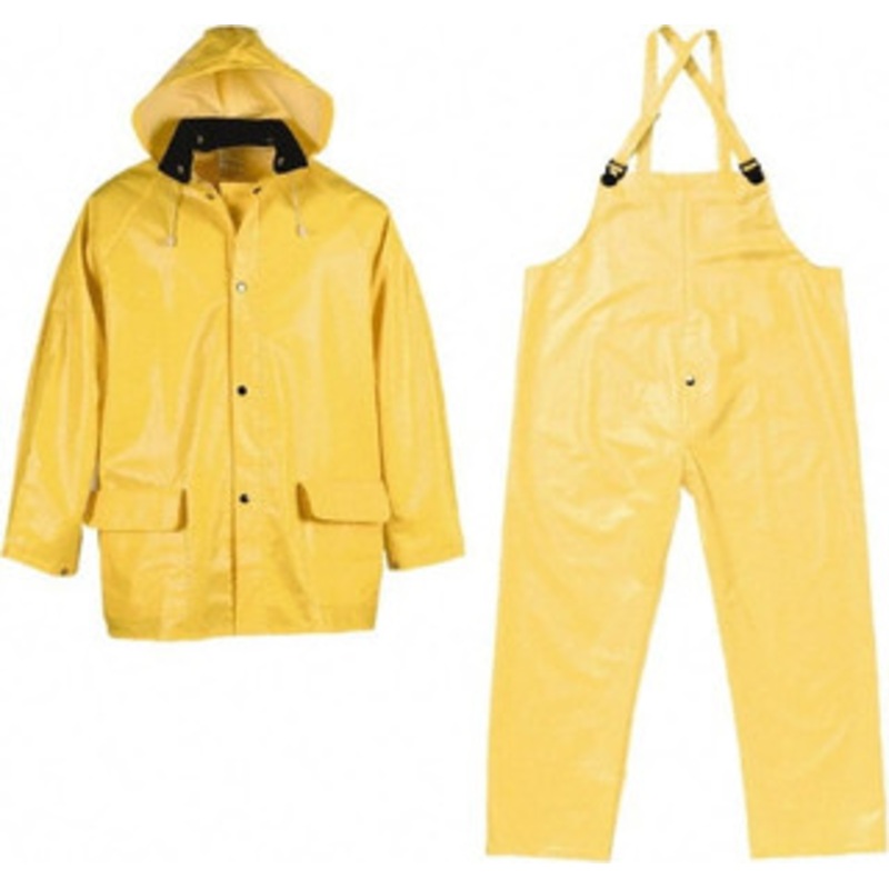 Viking Outerwear Size XL Yellow Chemical Rain Three Piece Suit 0.35mm PVC & Polyester, Detachable Hood, Snap Closure, Welded Seams, Take Up Snaps at Wrists & Ankles, Bib Overalls, Snap Fly 2110Y-XL – 42388660