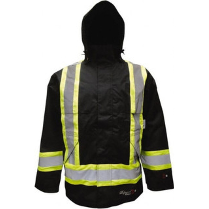 Viking Outerwear Size XL Black Flame Resistant/Retardant Rain Wind Resistant Jacket 2 Pockets, 47 Chest, Polyester with PU Coating, Detachable Hood, Zipper Closure 3907FRJ-XL – 42330704