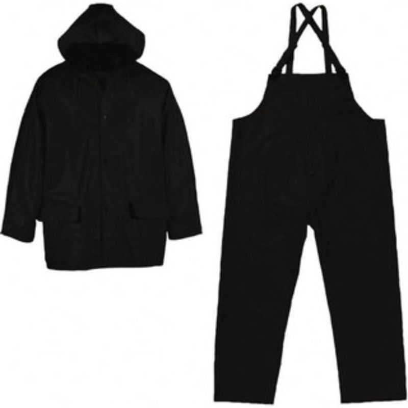 Viking Outerwear Size XL Black Chemical Rain Three Piece Suit 0.35mm PVC & Polyester, Detachable Hood, Snap Closure, Welded Seams, Take Up Snaps at Wrists & Ankles, Bib Overalls, Snap Fly 2110BK-XL – 42388736